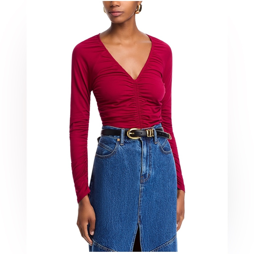 Aqua V-Neck Ruched Fitted Long Sleeve Top, Red, Size Small NWT